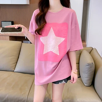 Летняя новинка из чистого хлопка корейской версии Sweet Style Ins, Свободная футболка с коротким рукавом, женский универсальный топ с рельефным принтом, футболка Ins