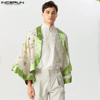 INCERUN Tops 2023, Новые красивые мужские рубашки с цветочным принтом в китайском стиле, Модная блузка-кардиган с неровным подолом, S-5XL