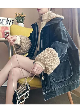 Женская хлопчатобумажная одежда из денима, Черное плюшевое утолщенное пальто, свободная имитация шерсти ягненка, осень и зима, новинка 2020 года
