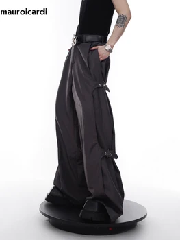Mauroicardi Осенние Прохладные Свободные повседневные Серо-черные широкие брюки в стиле эмо для мужчин длиной до пола, роскошная дизайнерская мужская одежда, уличная одежда