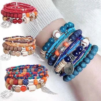 Новый набор браслетов-цепочек из рисовых бусин для женщин, летние многослойные красочные браслеты ручной работы для девочек, ювелирные аксессуары своими руками