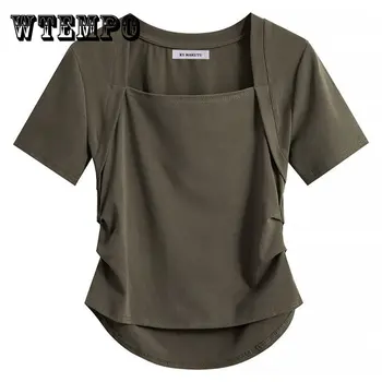 WTEMPO, сексуальная футболка с квадратным вырезом и короткими рукавами, нерегулярные складки для женщин, Новый топ на плечо в сладком пряном стиле, однотонная мода 2023 г.