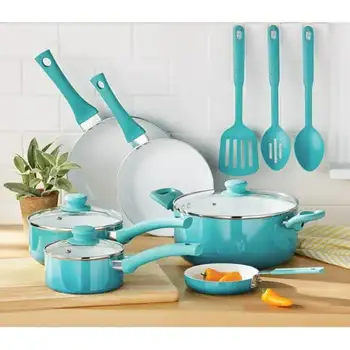 Набор керамической посуды с антипригарным покрытием, 12 предметов, бирюзовое омбре, кухонные принадлежности только для ручной стирки