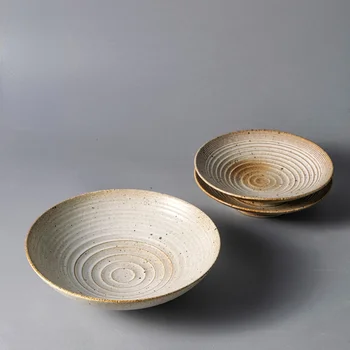 Японская посуда, Тарелка с резьбой в стиле ретро, Грубая керамика, Тарелка для овощей и фруктов ручной работы, Посуда для домашней кухни