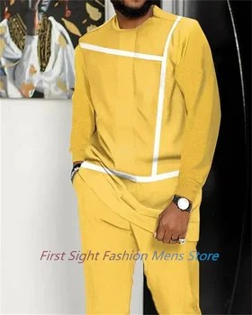 Осенняя одежда, футболка с длинным рукавом, брюки, желтый мужской спортивный костюм с принтом из 2 предметов, африканские повседневные костюмы, модная уличная одежда
