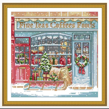 Рождественский пейзаж кофейни, вышитый крестиком, гостиная, спальня, подвесная картина, ручная вышивка 11 карат/14 карат