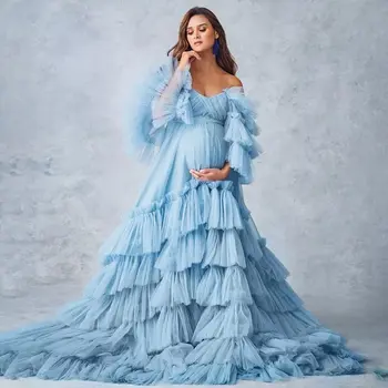 CloverBridal из мягкого тюля с открытыми плечами Голубое многоуровневое платье для беременных для фотосессии, халат для душа ребенка, платья для беременных WP9738