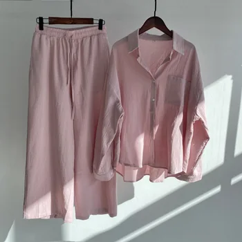 Женский комплект из 2 предметов в ретро-винтажном стиле Плюс размер 2022, Хлопковая льняная рубашка, Свободные брюки с высокой талией
