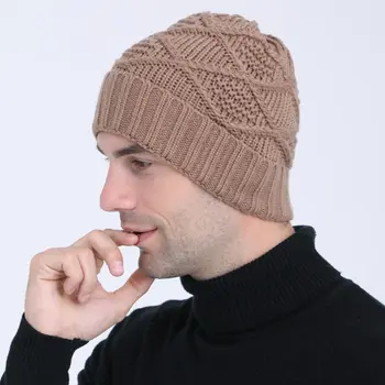 Вязаная шапка для защиты ушей Модный мягкий витой ромбовидный узор Вязаный пуловер Шапка из шерстяной пряжи Головной убор Осень Зима