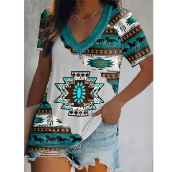 Винтажная женская футболка с племенным принтом, одежда в стиле харадзюку, футболки с V-образным вырезом и коротким рукавом оверсайз, женский клетчатый графический пуловер, блузка