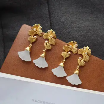 Серьги с геометрическим треугольником из натурального хотанского нефрита в китайском стиле ретро, уникальный шарм из древнего золота, женские серебряные украшения