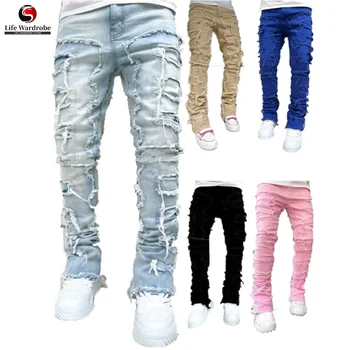 Мужские прямые брюки Модные рваные джинсовые брюки Самые продаваемые продукты 2023 Однотонные стрейчевые повседневные джинсы Уличная одежда для мужчин