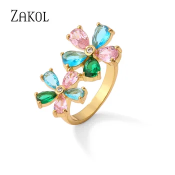 ZAKOL Модные красочные кольца с цветами из циркона для женщин, блестящие капли воды, Геометрическое Золотое кольцо на палец, ювелирные изделия для вечеринок