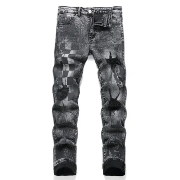 Мужские джинсы в стиле панк с принтом черепов, клетчатые рваные Черные узкие джинсовые брюки, уличная одежда, брюки для маленьких ног