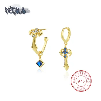 Серьги из стерлингового серебра S925 для женщин, изысканный набор украшений в форме креста с голубым цирконием, ювелирные украшения, золотые серьги