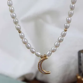Ожерелье с подвеской в виде полумесяца, блестящий кристалл циркона, Маленькое колье из натурального пресноводного жемчуга в стиле барокко, ювелирные изделия класса люкс Для женщин
