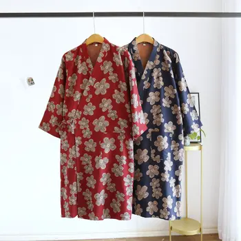 Японское кимоно, Газовый халат, Окрашенные пряжей Двойные халаты для женщин, Тонкая Весенне-летняя домашняя одежда, Свободные удобные пижамы