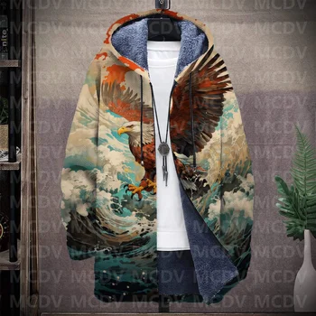 Мужское плотное плюшевое пальто с длинными рукавами и принтом в стиле ретро, кардиган, флисовое пальто с капюшоном Eagle 3D, толстая теплая куртка Унисекс