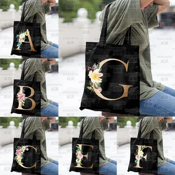 Кружевная черная холщовая сумка с золотыми буквами, устойчивая к загрязнению, складная женская сумка-тоут для покупок большой вместимости, эстетичная Эко-сумка