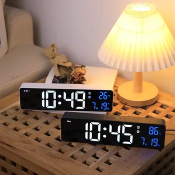 Светодиодный цифровой будильник с функцией повтора температуры и даты, USB настольное зеркало с полосками, светодиодные часы для украшения гостиной