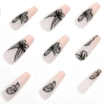 Легкие накладные ногти, трепещущая красота, 24 шт., длинные черные ногти с принтом бабочки, приклеенные клеем для женщин и девочек для салона красоты