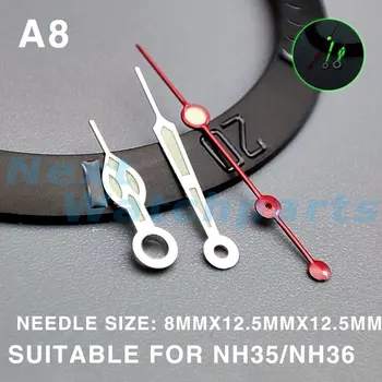 Зеленая светящаяся серебристая отделка, красные секундные стрелки 12,5 мм для часов Miyota NH35 / NH36