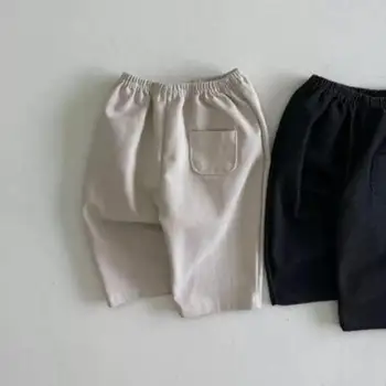 Новые осенние детские однотонные простые универсальные широкие брюки для девочек, повседневные брюки со свободным карманом Для мальчиков, Хлопковые удобные брюки для мальчиков