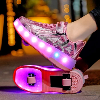 Детская светодиодная подсветка, USB-зарядка, детские кроссовки на двух колесах для мальчиков и девочек, роликовые коньки на каблуках, летающая спортивная обувь, повседневная обувь на открытом воздухе
