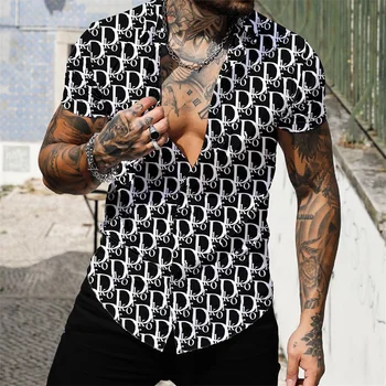 Новая мужская летняя рубашка с короткими рукавами с цифровым буквенным принтом, повседневная уличная европейская мужская рубашка, размер топа s-4XL