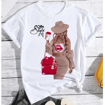 Модная футболка Offee Lover, Женская футболка, топы с принтом кофейно-красных губ, рубашка 2023, женские футболки с коротким рукавом и рисунком, одежда Y2k