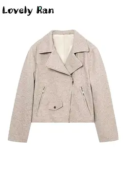 Женская куртка 2023, осень, длинный рукав, отложной воротник, карман на молнии, женская верхняя одежда, Модное однотонное уличное женское пальто для мото и байкеров