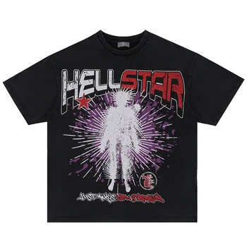 Hellstar Новая весенне-летняя хлопковая высококачественная свободная футболка с короткими рукавами и абстрактным принтом