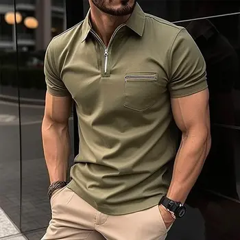 Летняя мужская повседневная рубашка поло на молнии с короткими рукавами, модная офисная футболка с отворотом, мужская дышащая рубашка поло, мужская одежда