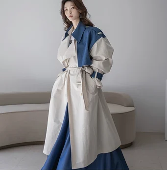 Отложной воротник, V-образный вырез, двубортный тренч, женская куртка с поясом, повседневная тонкая ветровка в корейском стиле