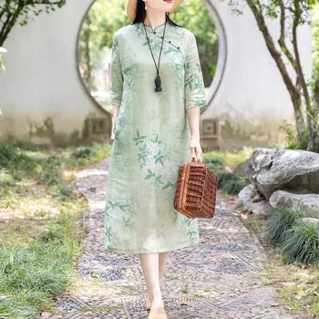 Женское винтажное хлопковое Летнее свободное платье трапециевидной формы с коротким рукавом размера плюс, новые костюмы в китайском стиле, зеленые платья