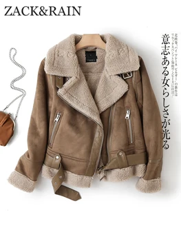 Женская куртка ZACK RAIN Brown 2023, зимняя винтажная меховая куртка с лацканами, куртки с длинными рукавами, шикарная женская верхняя одежда