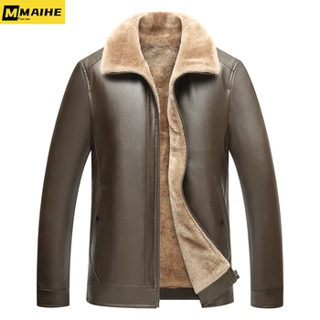 Классическая винтажная мужская кожаная куртка, осенне-зимняя модная мотоциклетная куртка плюс флисовая утолщенная свободная меховая куртка большого размера