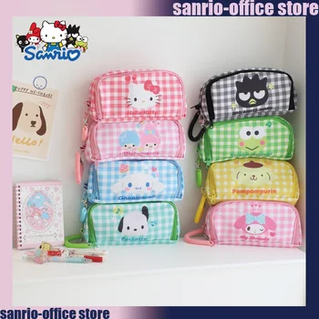 Kawaii Sanrio Girls Checker, сумка для карандашей на пружинной молнии, многофункциональная Студенческая коробка для канцелярских принадлежностей, сумки для ручек, двухслойные сумки для хранения