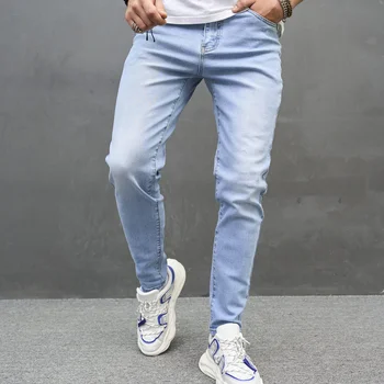 Мужские Простые Однотонные джинсовые брюки-скинни Осенние Стильные Мужские повседневные джинсовые брюки-скинни