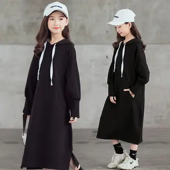 Осеннее платье с капюшоном для девочек-подростков 2023 года, Длинная версия на шнурке, Корейская Повседневная Однотонная одежда до икр, Модная Детская одежда от 5 до 14 лет