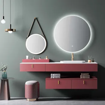 Индивидуальный Дубовый шкаф для ванной Комнаты, Комбинированный столик для ванной Комнаты, Умное Зеркало, Современная минималистская Каменная плита, Умывальник, Розовый