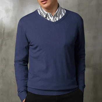 Мужская хлопковая рубашка с длинным рукавом и V образным вырезом, свитер, вязаная блузка, осенне-молодежный Деловой Повседневный однотонный Универсальный пуловер, топы