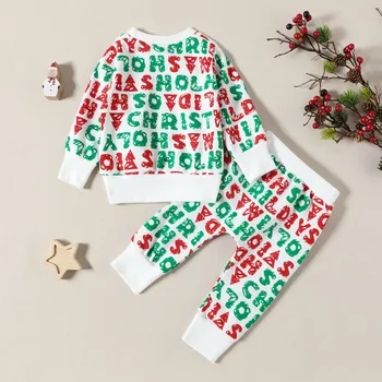 Детские рождественские Комплекты с буквенным принтом Для маленьких мальчиков и девочек, Рождественские Футболки с длинными рукавами, пуловеры, Топы, Брюки, Осенняя одежда, Наряды 여아 가을옷