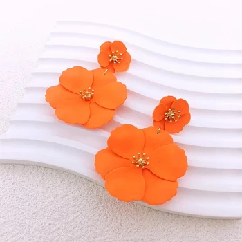 Новые модные серьги-капли с большим цветком для женщин, винтажные оранжевые серьги с длинной кисточкой, двухслойные серьги с цветочной эмалью, ювелирные изделия
