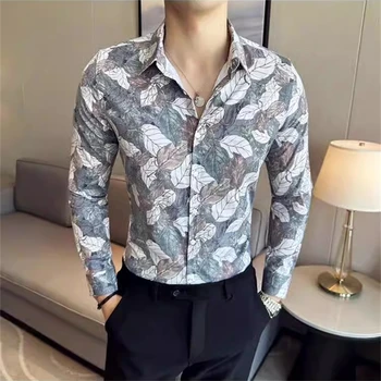Высококачественная осенняя рубашка с цветочным рисунком для мужчин, приталенные повседневные рубашки с длинными рукавами, модные деловые вечерние рубашки, мужская одежда