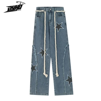 Плетеный веревочный пояс со звездами, потертые мешковатые джинсы в стиле панк, модная уличная одежда, свободные джинсовые брюки в стиле хип-хоп, джинсовые брюки харадзюку