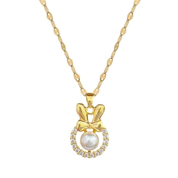 Милый Кролик Ожерелье Корейская Мода Нержавеющая Сталь Кристалл Бантом Ключицы Цепи Ювелирные Изделия Для Женщин Свадебные Аксессуары Подарки