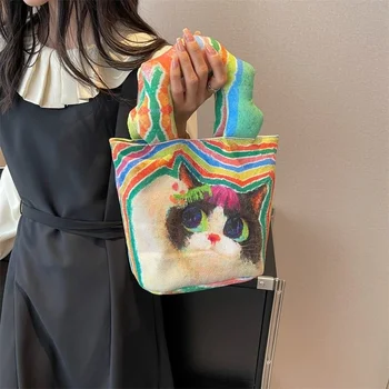 Мультяшная сумка с граффити, сумка Ins, милая холщовая сумка через плечо большой емкости, кошачья Нишевая брендовая сумка для девочек, новинка 2023 года