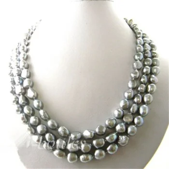 Ожерелье из пресноводного жемчуга New nature 3 нити 19 дюймов 9-10 мм серого цвета в стиле барокко