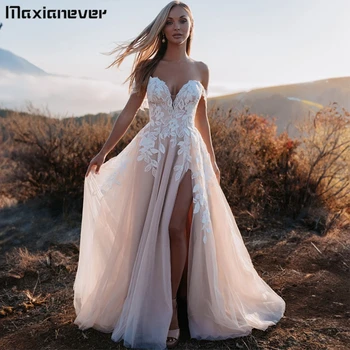 Maxianeve Романтические свадебные платья с глубоким вырезом трапециевидной формы, кружевное тюлевое платье невесты с открытыми плечами, сексуальное свадебное платье с открытой спиной
